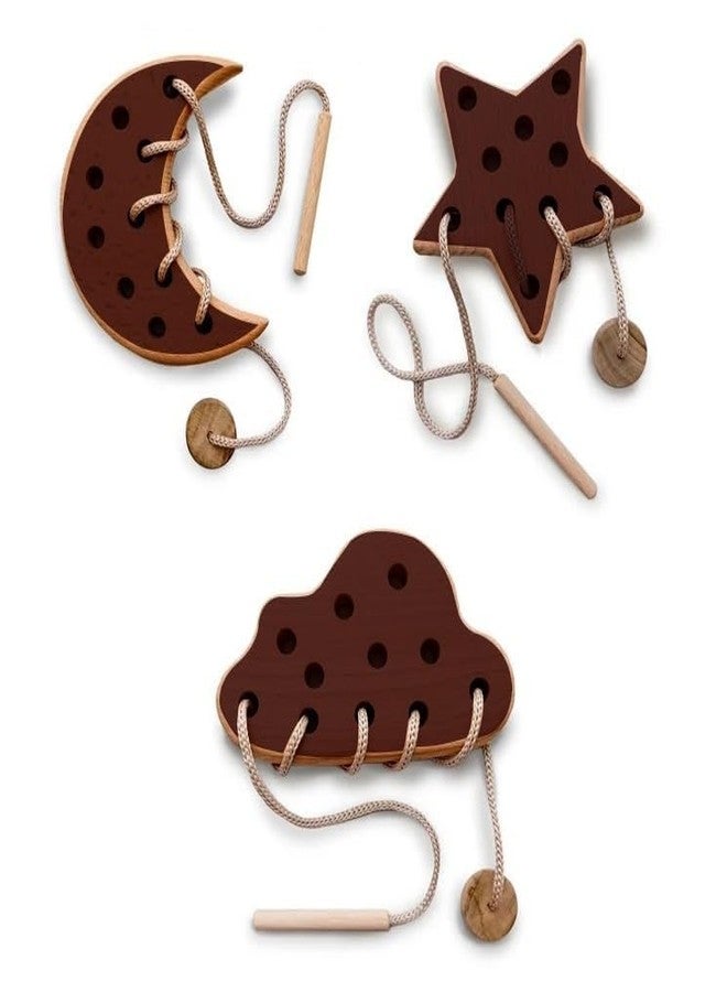 Keebori Wooden Lacing Toy Set, Educational Moon Star Cloud Shapes, Natural Wood Threading Activity with Cord, Montessori Fine Motor Skills Development for Toddlers by KEEBORI (Brown, Cloud Moon Star Combo) - Image 1